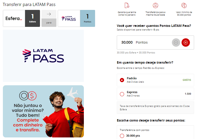 tela do site latam pass e esfera