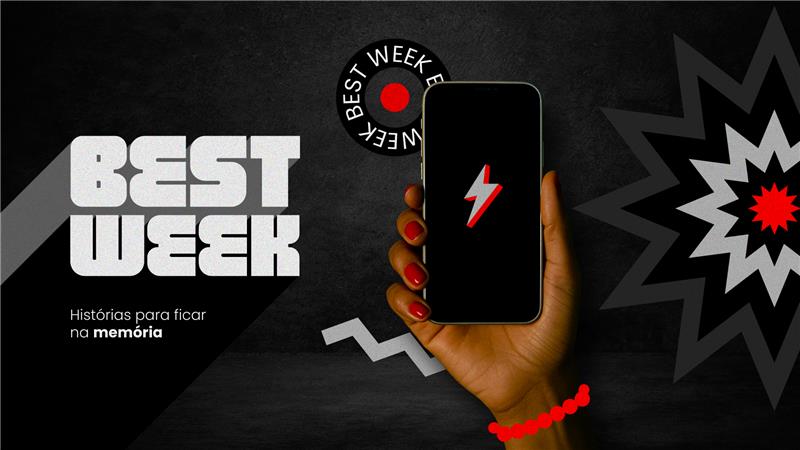 Imagem de uma mão segurando um smartphone com um símbolo de raio na tela, promovendo o melhor semana para guardar memórias, com elementos gráficos e texto no fundo.